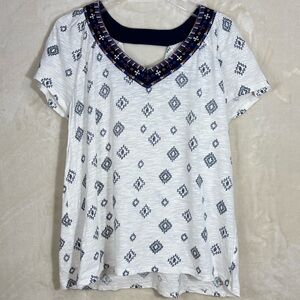 Lucky Brand White Embroidered Aztec Print Top Size L